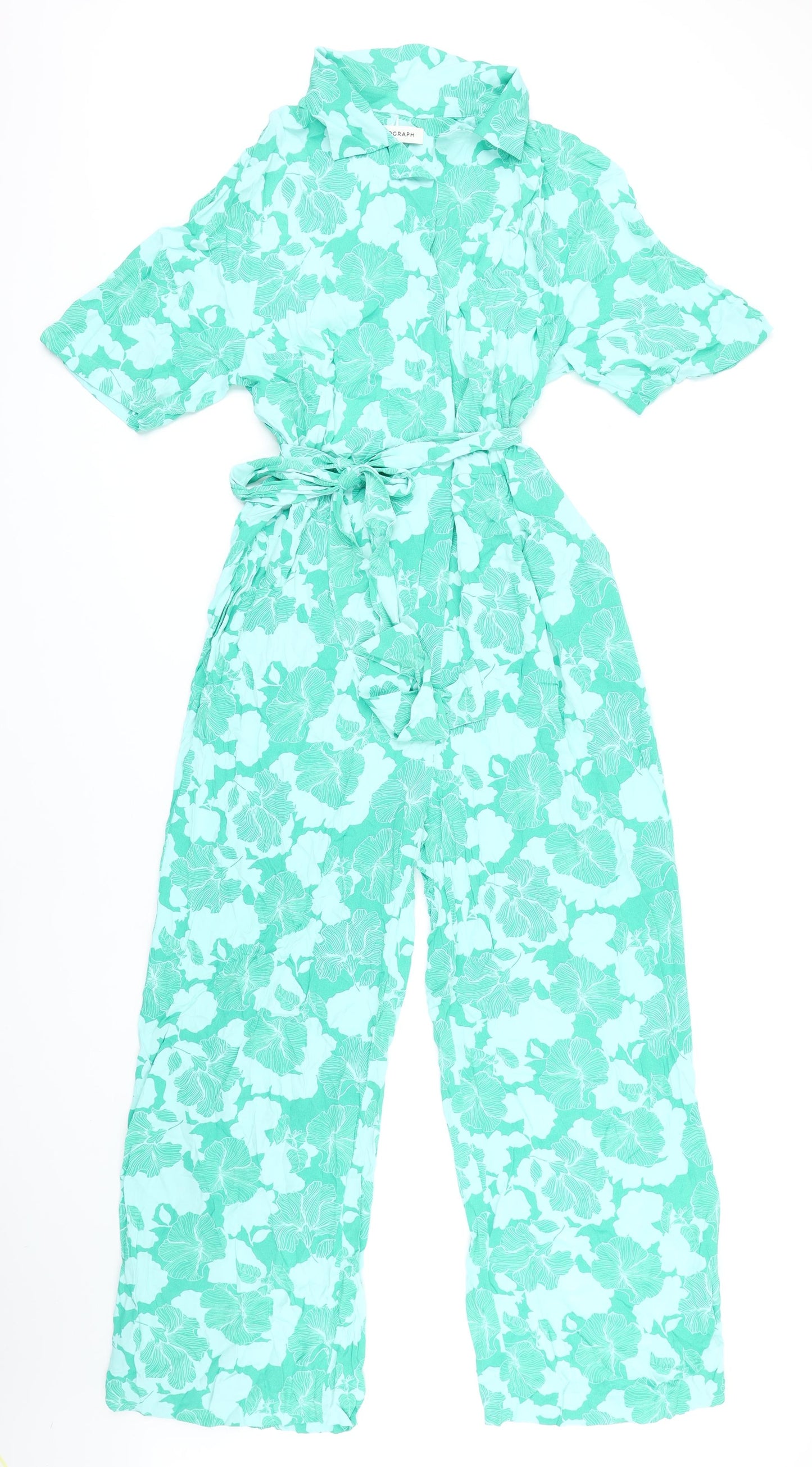 Autograph Womens Green Floral Viscose Jumpsuit One-Piece Size 12 L25 in Button