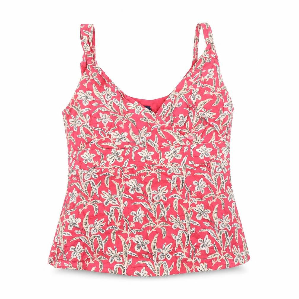 Front view of Gap women’s pink floral 100% cotton basic blouse, size S, v-neck