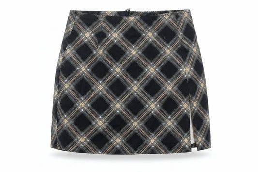 Front view of Motel Rocks women’s ivory check cotton mini skirt, size XS, zip