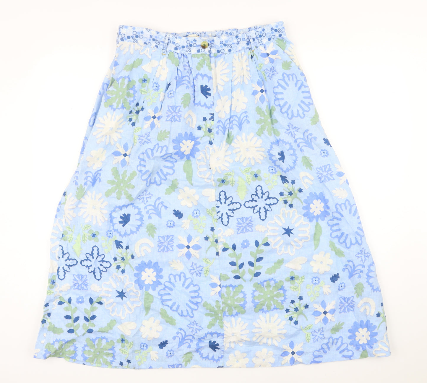 White Stuff Womens Blue Floral Linen A-Line Skirt Size 12 Button