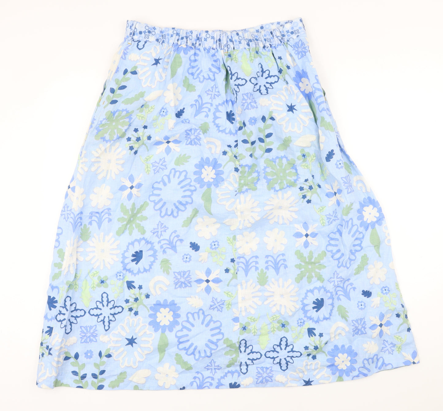 White Stuff Womens Blue Floral Linen A-Line Skirt Size 12 Button