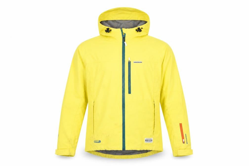 Front view of Madison men’s yellow rain coat jacket, size S, zip