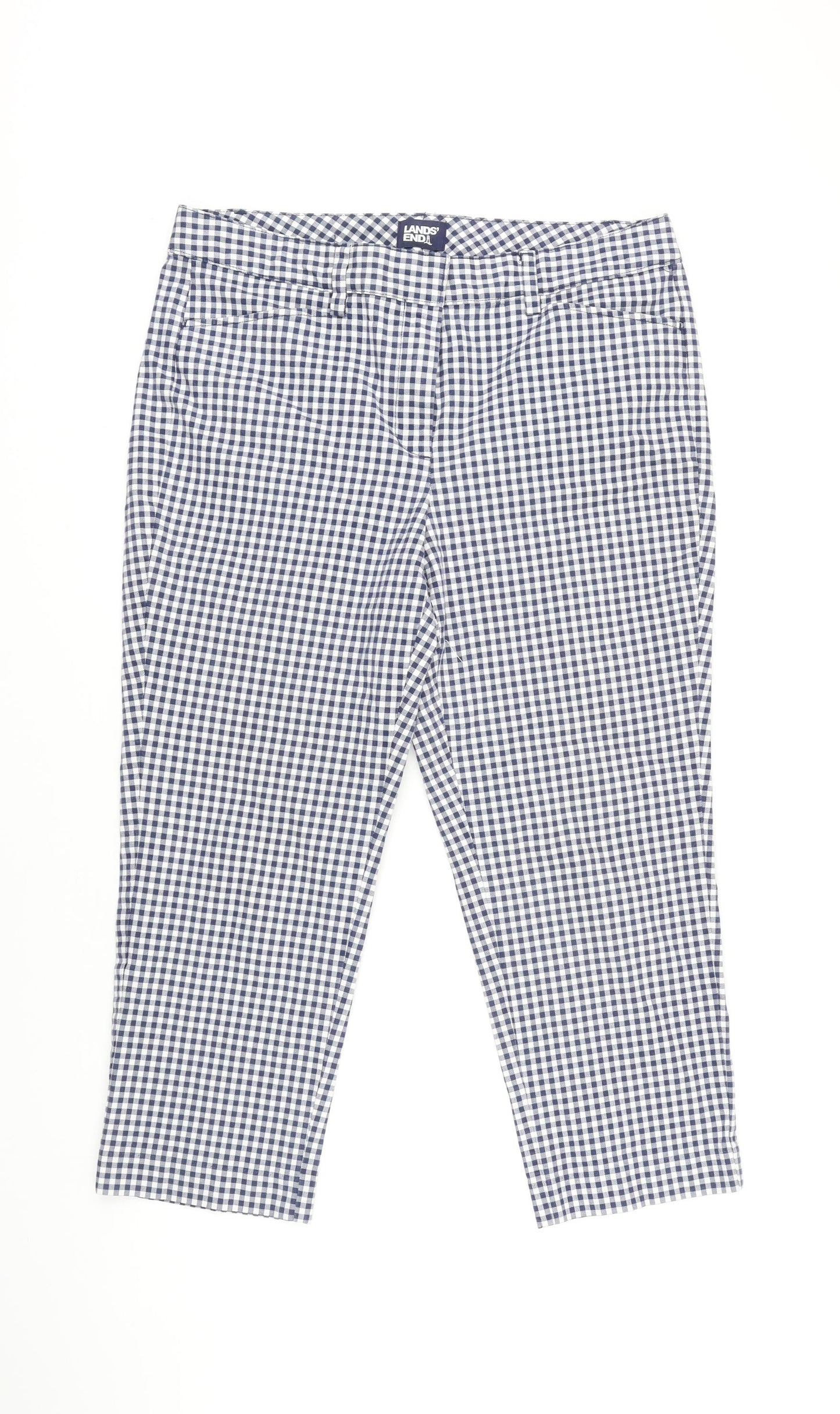 Lands End Womens Blue Check Cotton Cropped Trousers Size 12 L22 in Regular Zip