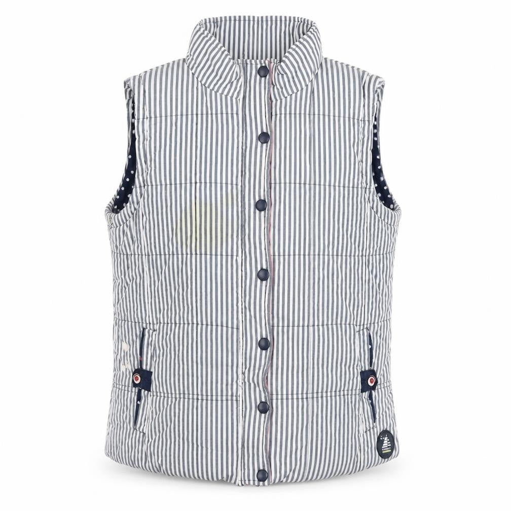 Front view of Ruots women’s grey striped gilet waistcoat, size UK 12, zip