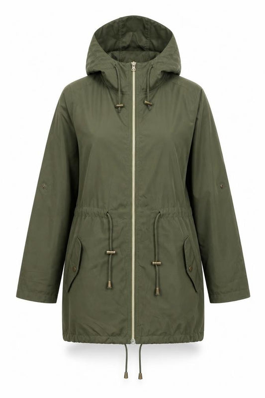 Front view of Parka In A Pocket women’s green jacket, size UK 6, zip -, size UK 6-8