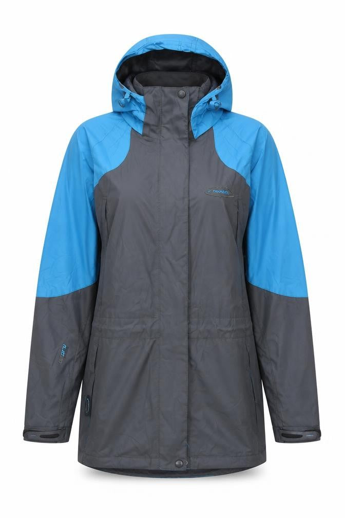 Front view of Mountain Life women’s grey rain coat jacket, size UK 10, zip - colourblock pattern