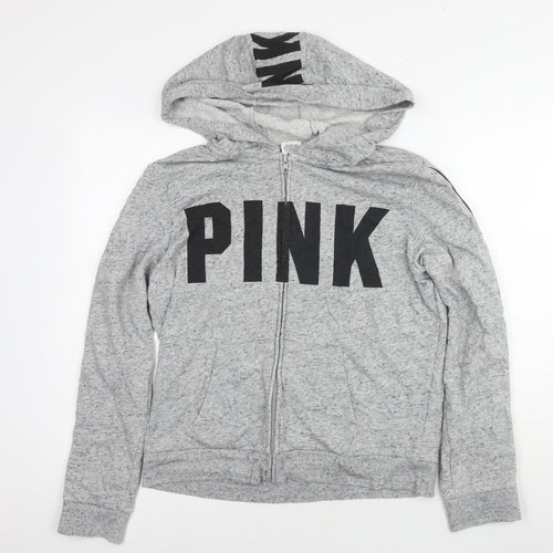 PINK Womens Grey Cotton Full Zip Hoodie Size L Zip - Logo