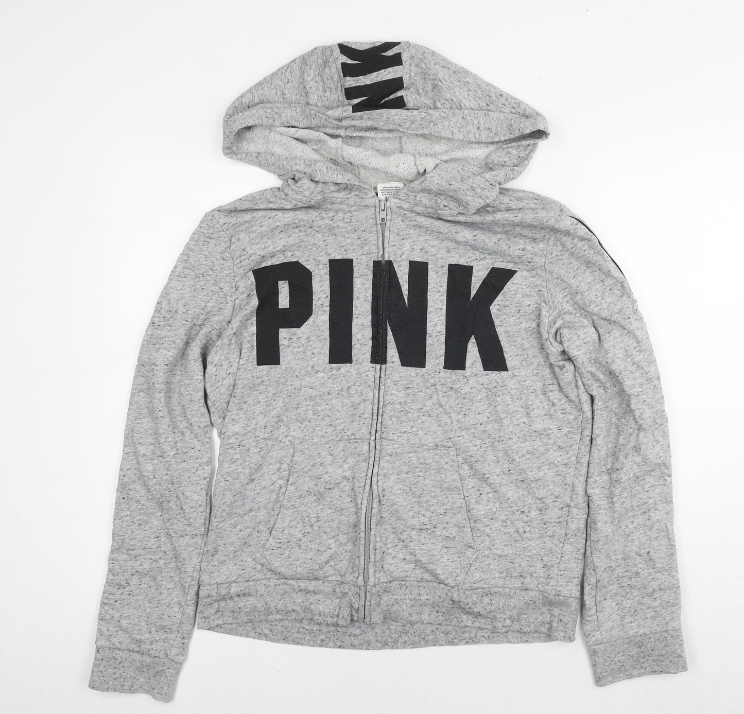 PINK Womens Grey Cotton Full Zip Hoodie Size L Zip - Logo