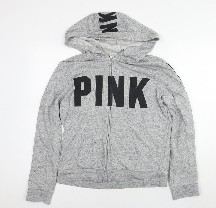 PINK Womens Grey Cotton Full Zip Hoodie Size L Zip - Logo