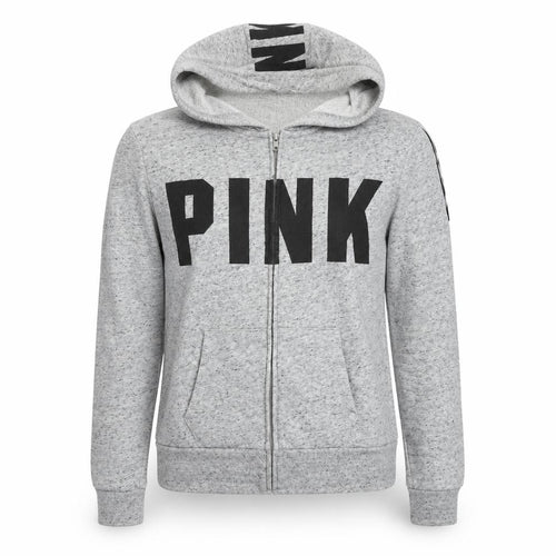 PINK Womens Grey Cotton Full Zip Hoodie Size L Zip - Logo