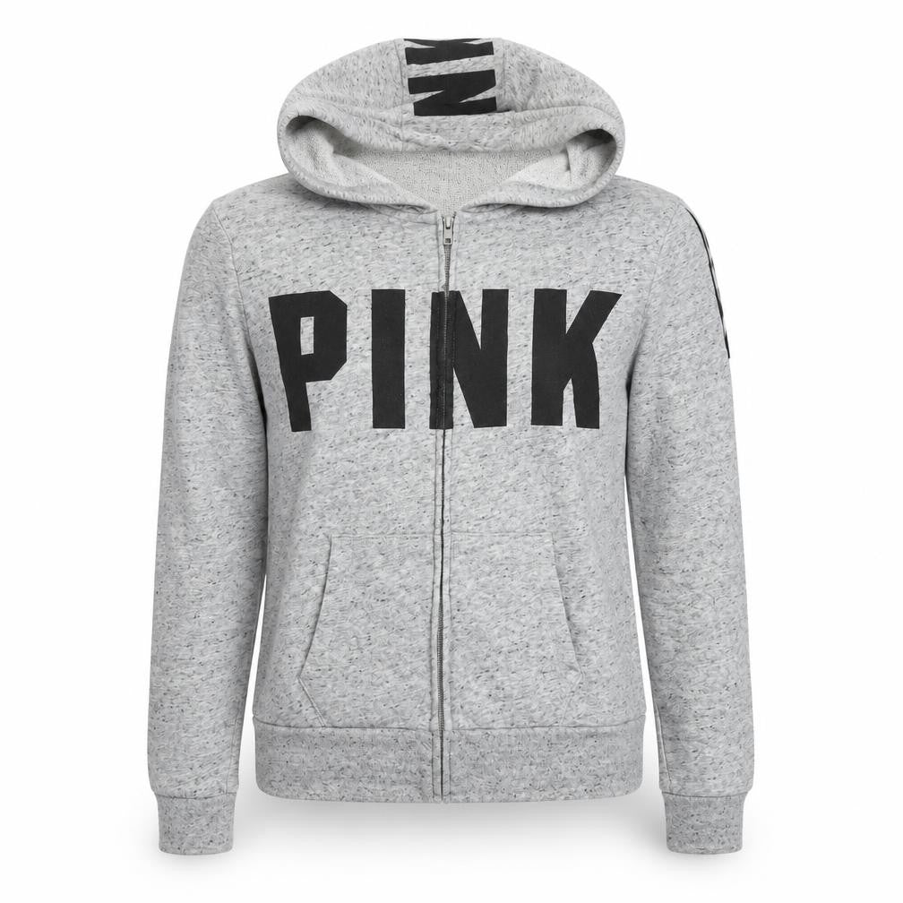 PINK Womens Grey Cotton Full Zip Hoodie Size L Zip - Logo