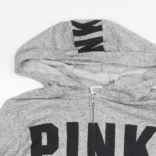 PINK Womens Grey Cotton Full Zip Hoodie Size L Zip - Logo