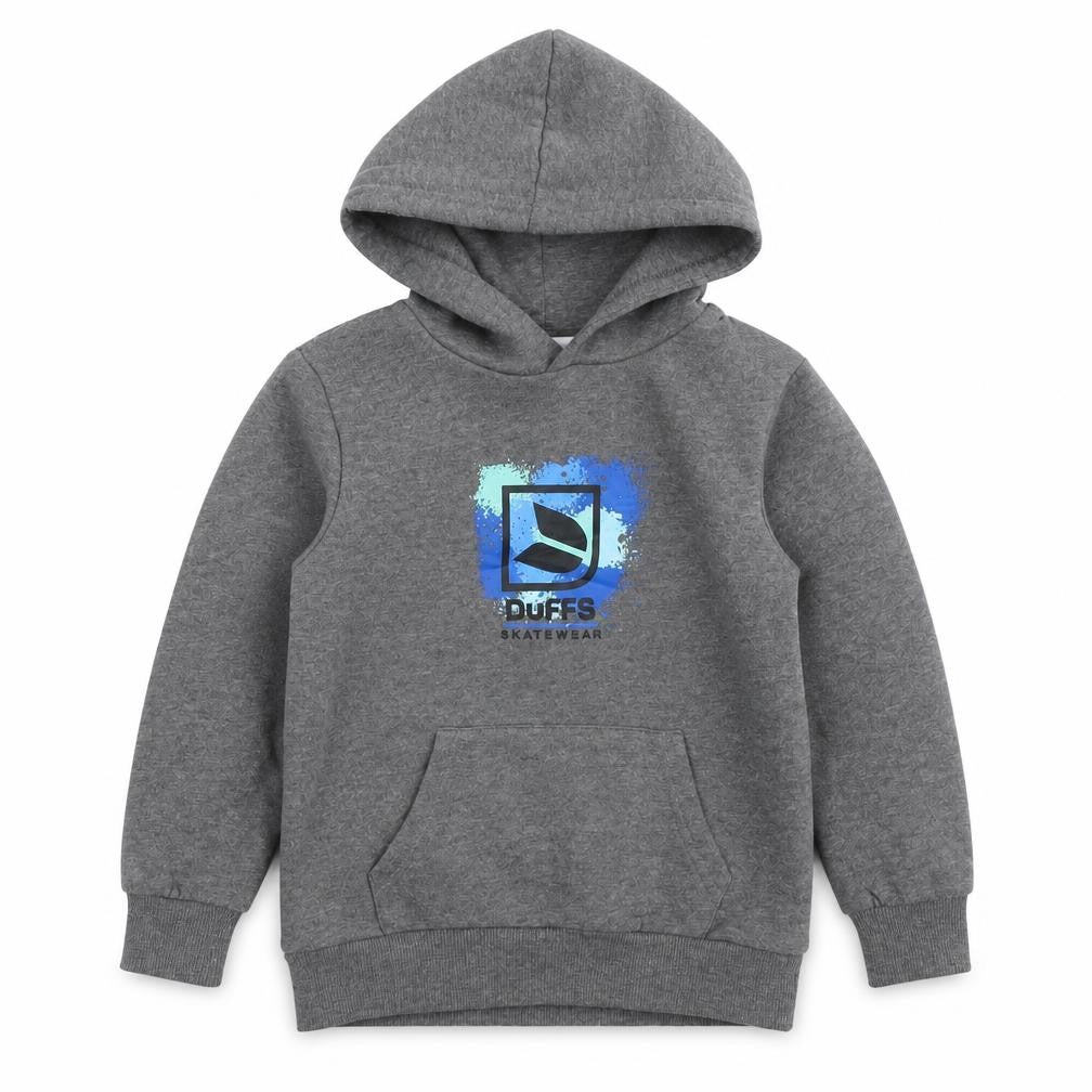 Front view of Duffs boys’ grey cotton pullover hoodie, size 5-6, years pullover - logo