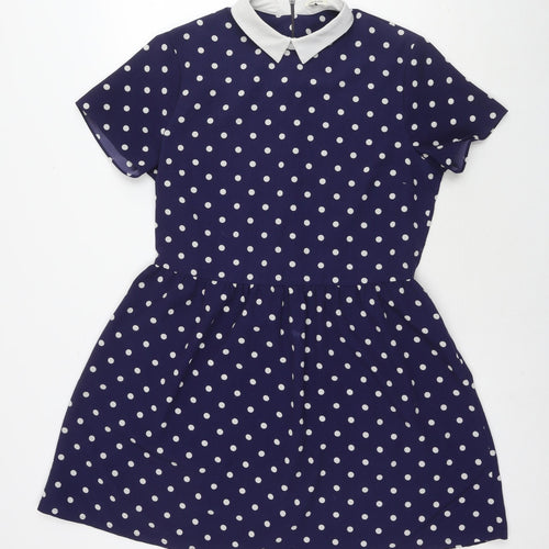 River Island Womens Blue Polka Dot Polyester Fit & Flare Size 14 Collared Zip