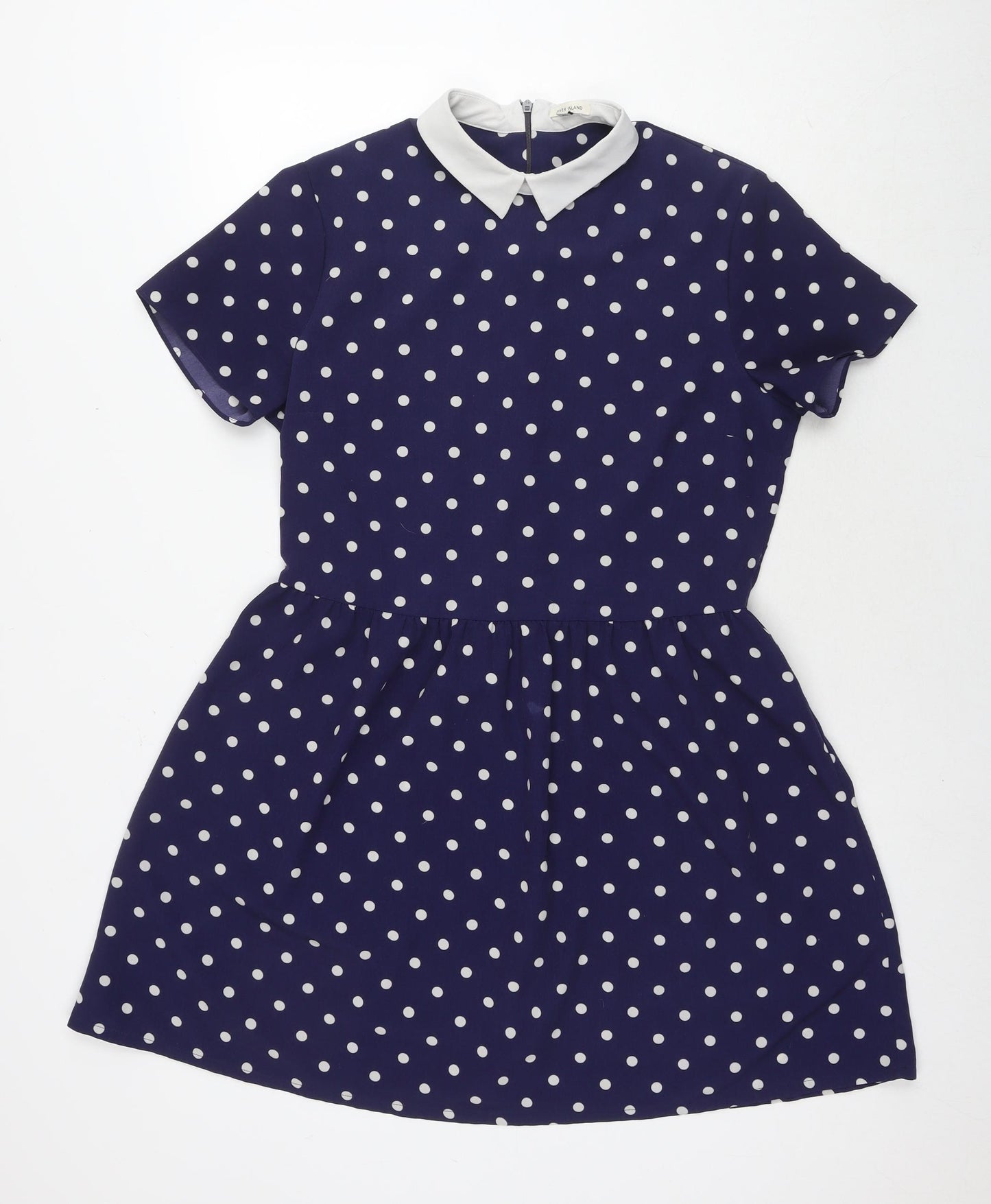 River Island Womens Blue Polka Dot Polyester Fit & Flare Size 14 Collared Zip