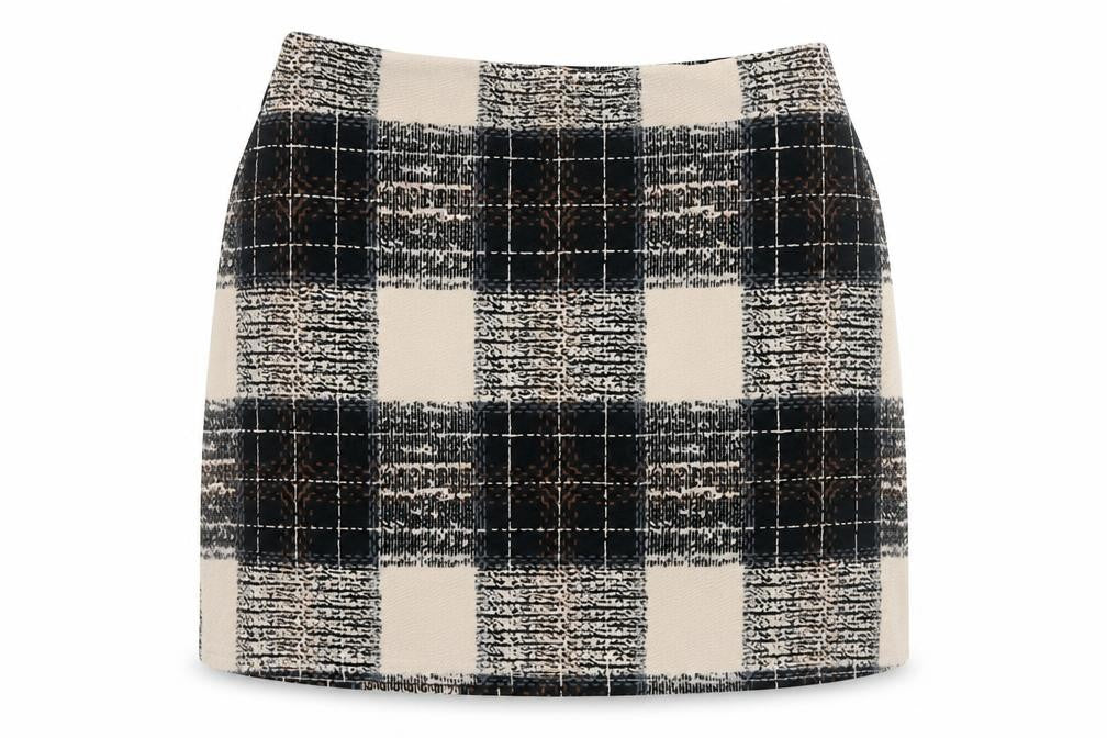 Front view of Boohoo women’s beige check polyester mini skirt, size UK 8