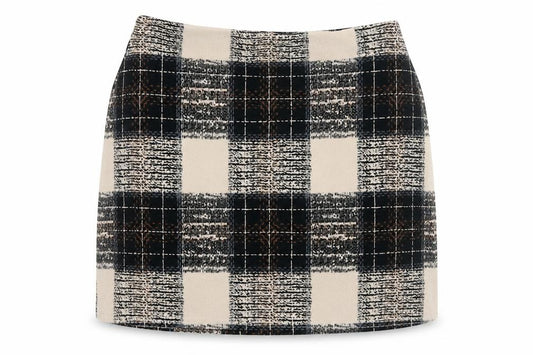 Front view of Boohoo women’s beige check polyester mini skirt, size UK 8