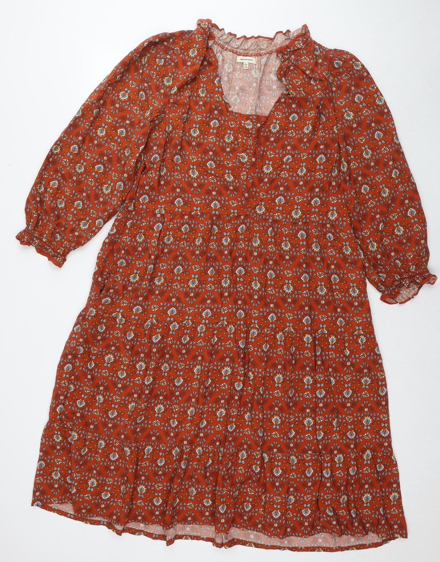 Max Studio Womens Brown Floral Viscose Trapeze & Swing Size L V-Neck Pullover