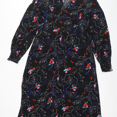 Marks and Spencer Womens Black Floral Viscose Maxi Size 10 V-Neck Zip