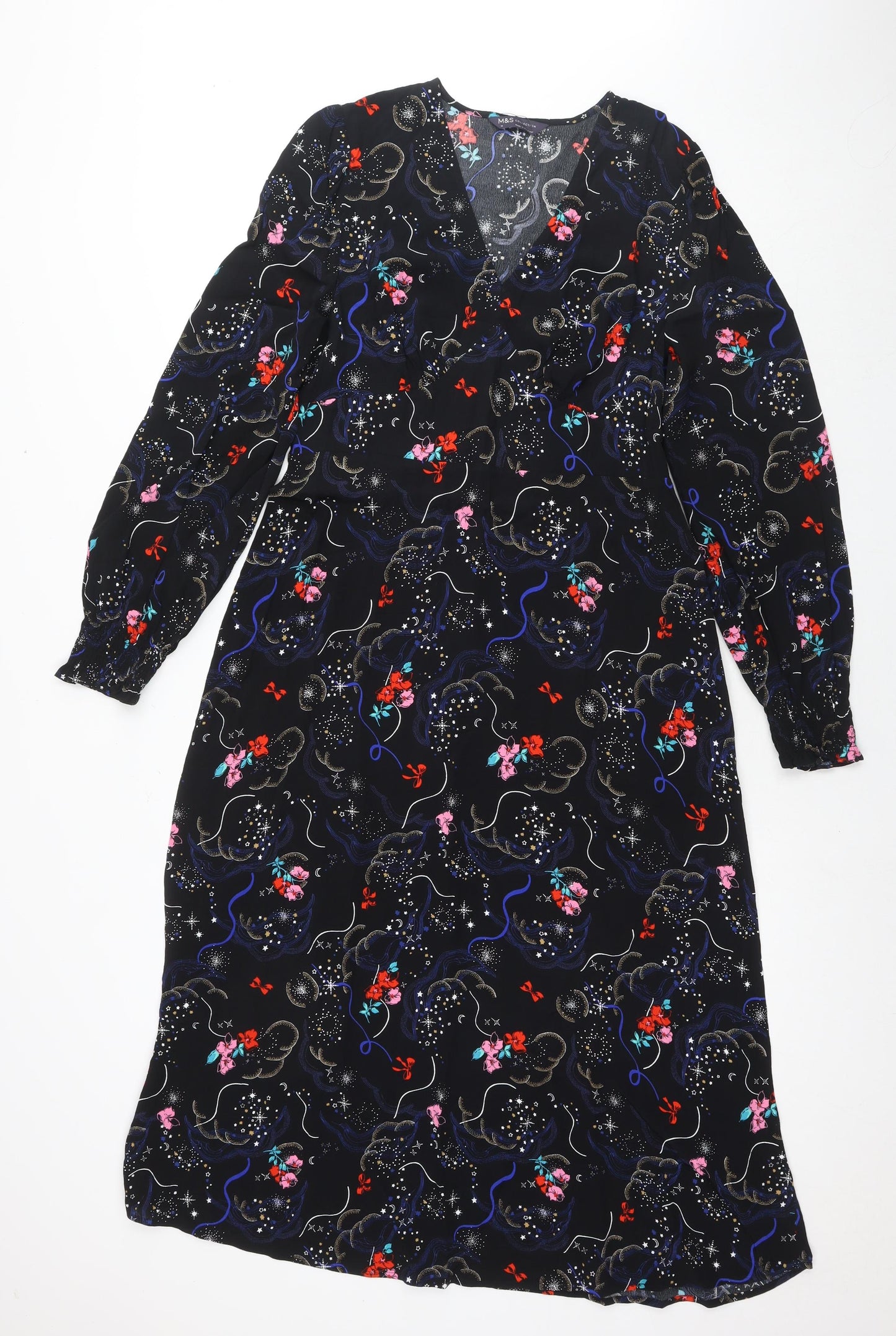 Marks and Spencer Womens Black Floral Viscose Maxi Size 10 V-Neck Zip