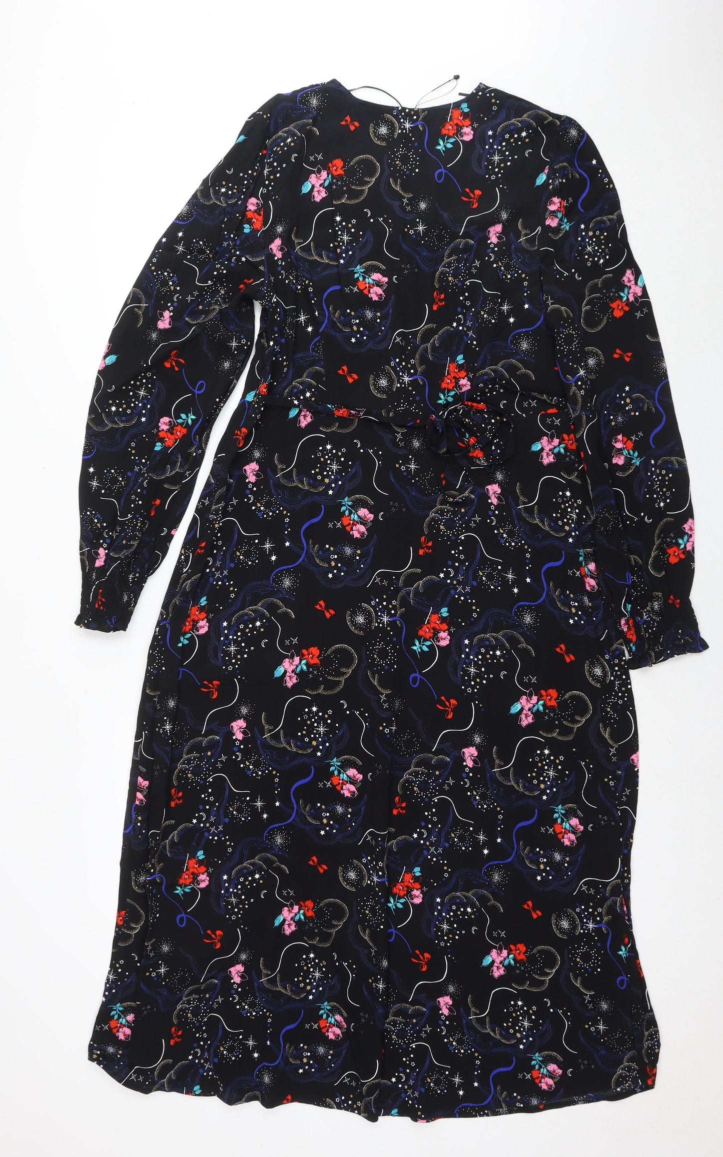 Marks and Spencer Womens Black Floral Viscose Maxi Size 10 V-Neck Zip