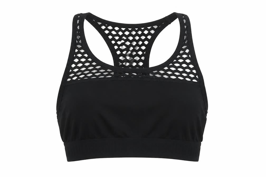 Front view of PINK women’s black polyester cropped tank, size S, round neck