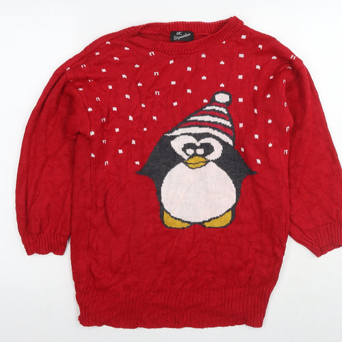 AC Signature Girls Red Round Neck Polyester Tunic Jumper Size 9 Years Pullover - Christmas Jumper Penguin
