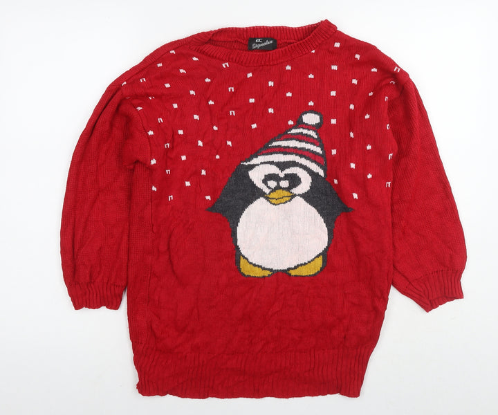 AC Signature Girls Red Round Neck Polyester Tunic Jumper Size 9 Years Pullover - Christmas Jumper Penguin