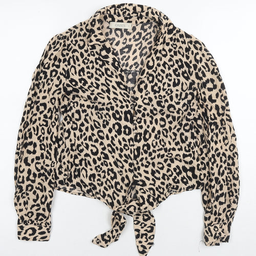 Oasis Womens Beige Animal Print Viscose Basic Button-Up Size 8 Collared - Leopard Print