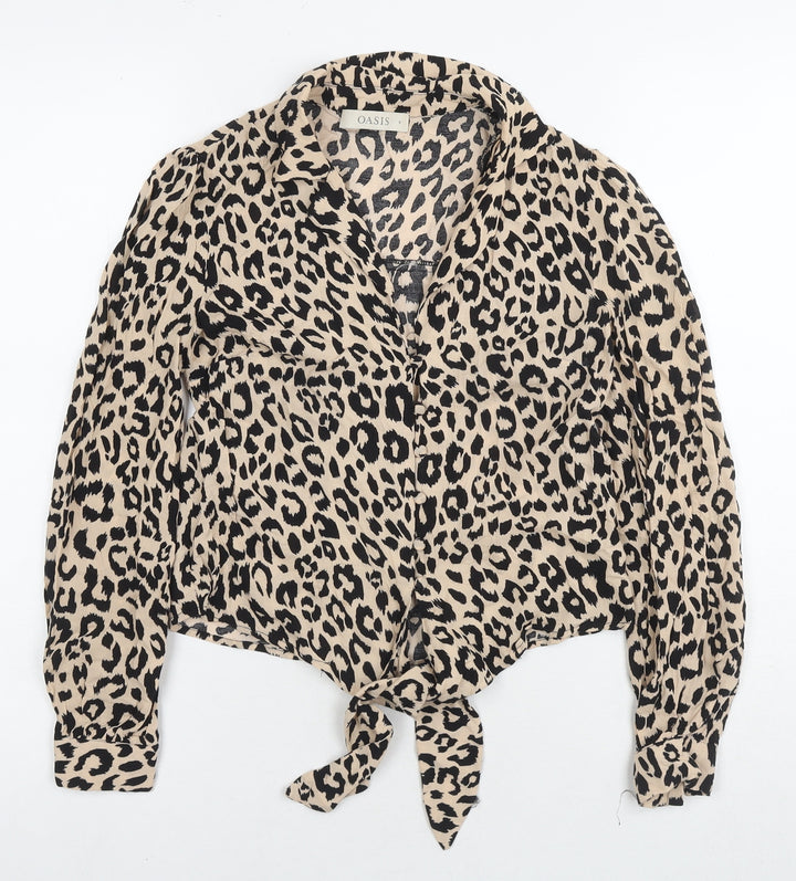 Oasis Womens Beige Animal Print Viscose Basic Button-Up Size 8 Collared - Leopard Print