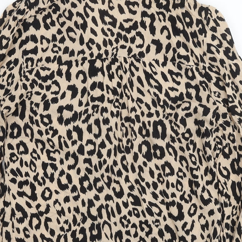 Oasis Womens Beige Animal Print Viscose Basic Button-Up Size 8 Collared - Leopard Print