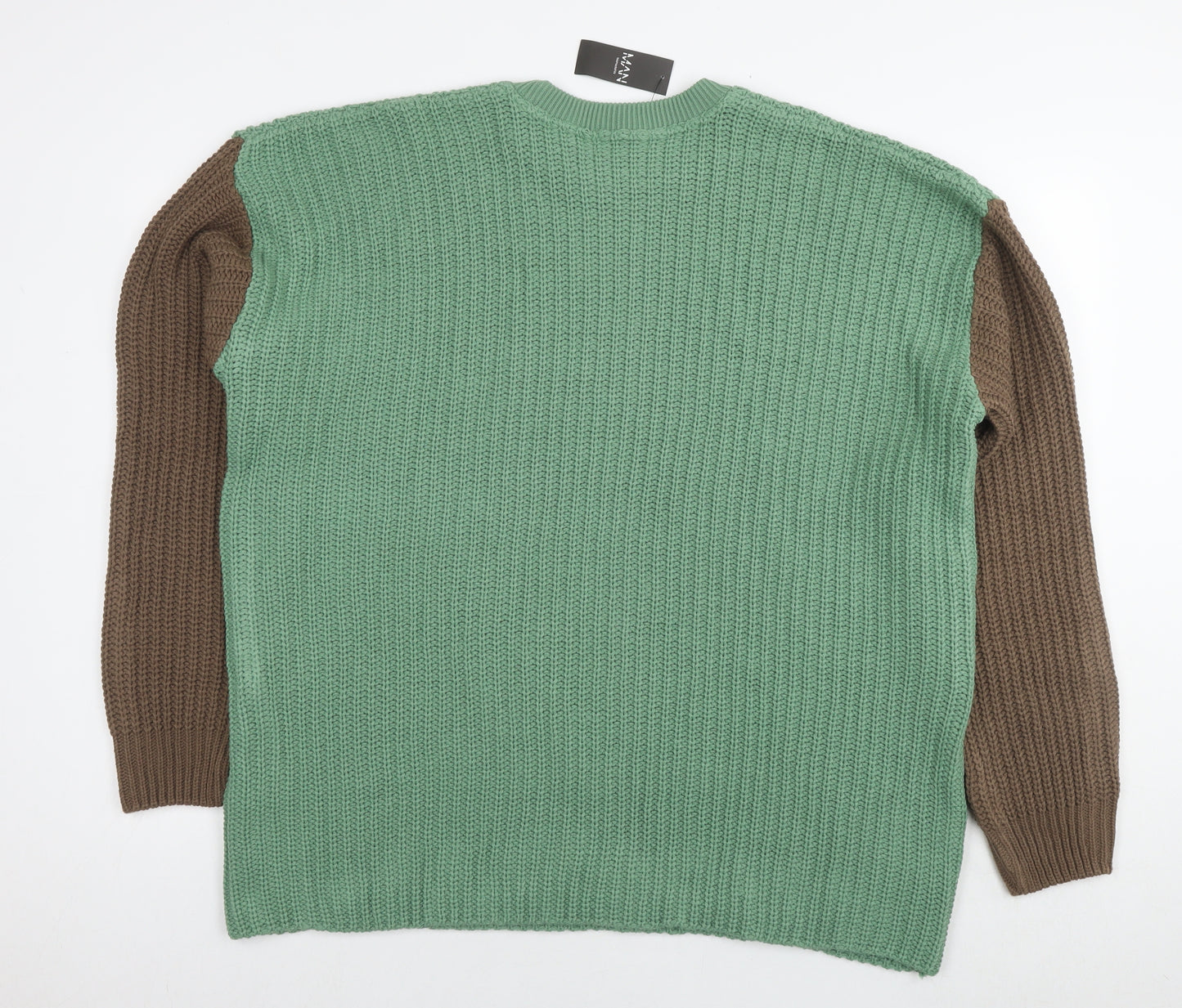 Boohoo Mens Green Round Neck Acrylic Pullover Jumper Size M Long Sleeve - Colourblock Pattern