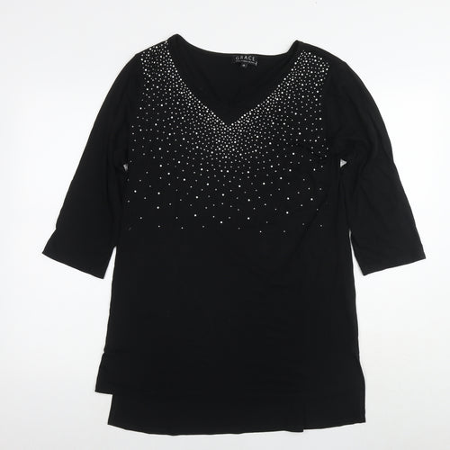 Grace Womens Black Viscose Tunic Blouse Size 12 Round Neck - Embellishment Detail