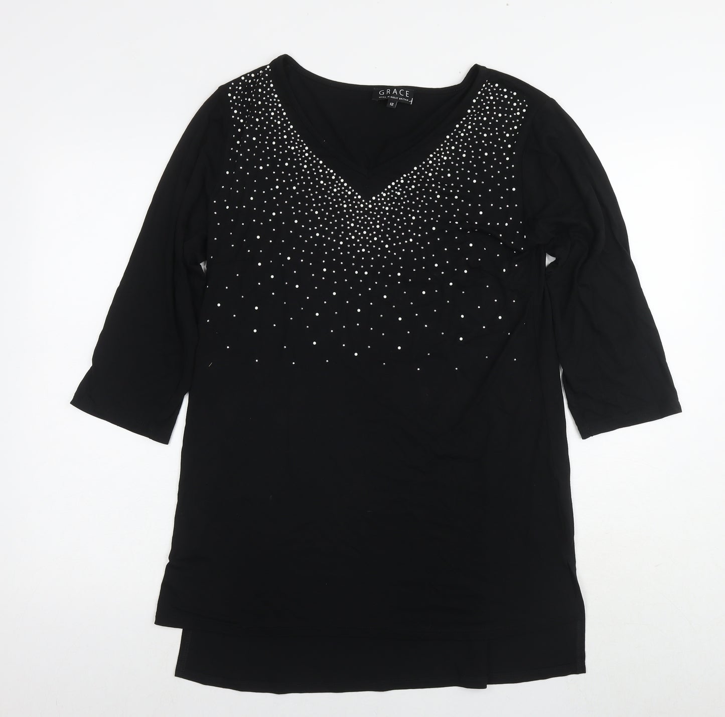 Grace Womens Black Viscose Tunic Blouse Size 12 Round Neck - Embellishment Detail