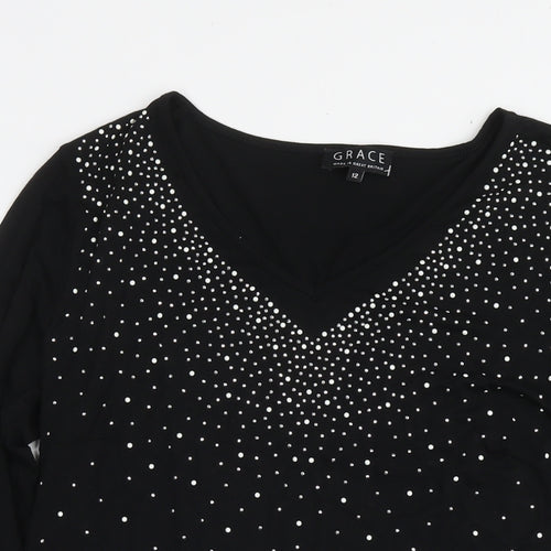 Grace Womens Black Viscose Tunic Blouse Size 12 Round Neck - Embellishment Detail