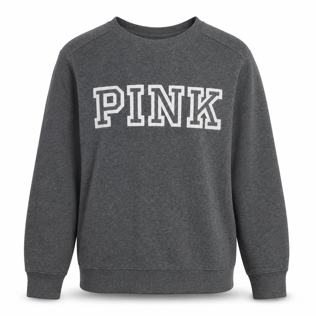Front view of PINK women’s grey cotton pullover sweatshirt, size S, pullover