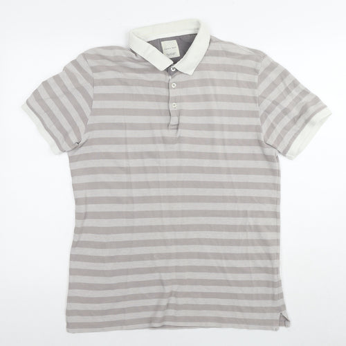 Zara Mens Grey Striped Cotton Polo Size L Collared Pullover