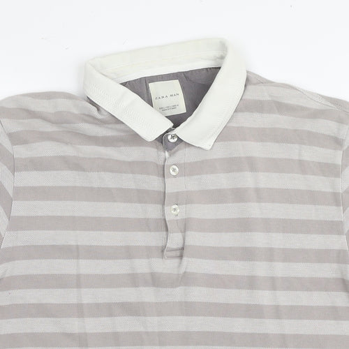 Zara Mens Grey Striped Cotton Polo Size L Collared Pullover