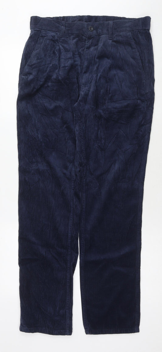 Marks and Spencer Mens Blue Cotton Trousers Size 32 in L33 in Regular Zip