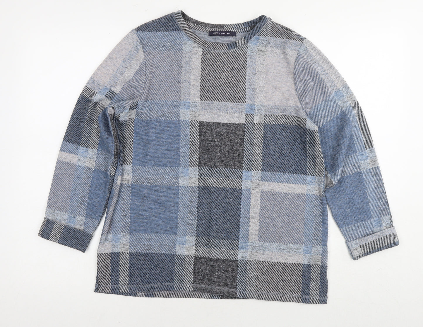 Marks and Spencer Womens Blue Check Polyester Basic Blouse Size 12 Round Neck