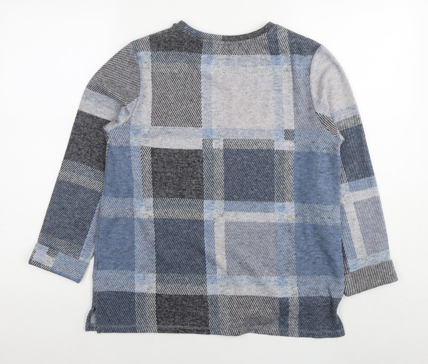 Marks and Spencer Womens Blue Check Polyester Basic Blouse Size 12 Round Neck