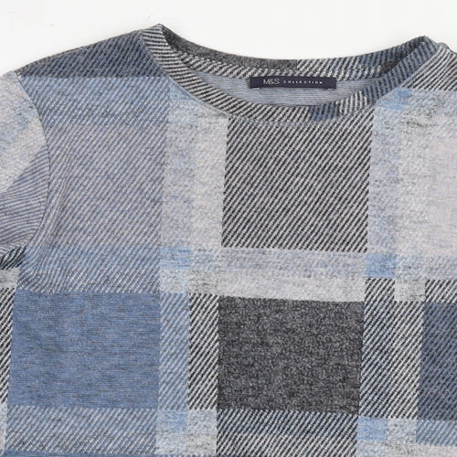 Marks and Spencer Womens Blue Check Polyester Basic Blouse Size 12 Round Neck