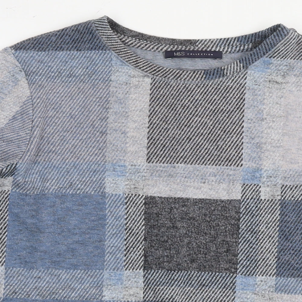 Marks and Spencer Womens Blue Check Polyester Basic Blouse Size 12 Round Neck