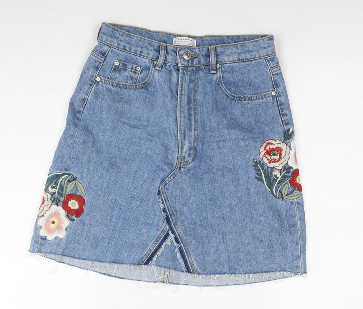 Zara Womens Blue Cotton A-Line Skirt Size S Zip - Flowers
