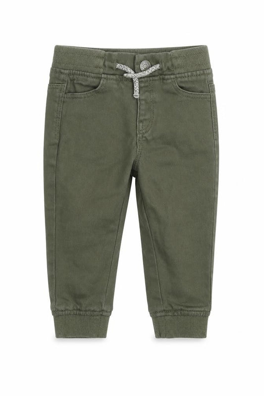 Front view of Denim & Co. boys’ green cotton jogger jeans, size 9-12, months drawstring