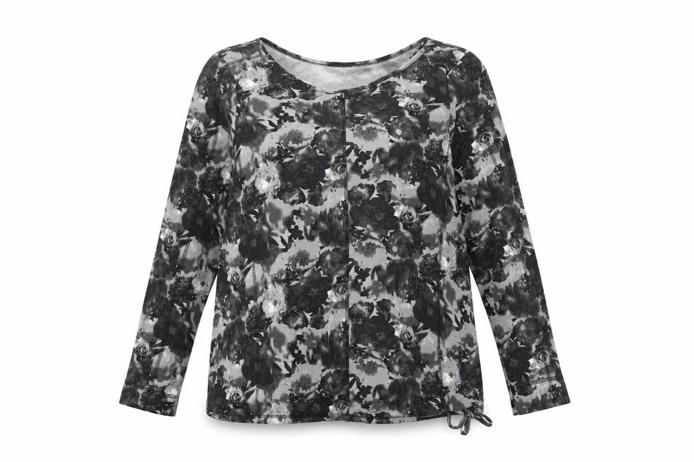 Front view of Next women’s grey floral modal basic t-shirt, size UK 16, round neck