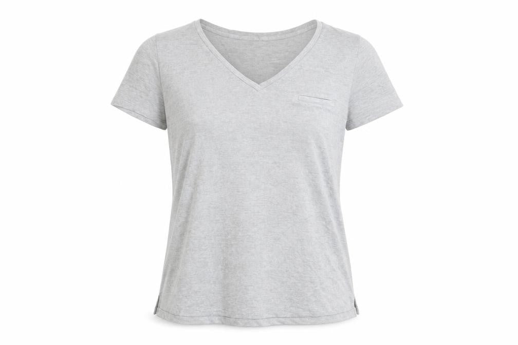 Front view of Next women’s grey viscose basic t-shirt, size UK 12, v-neck