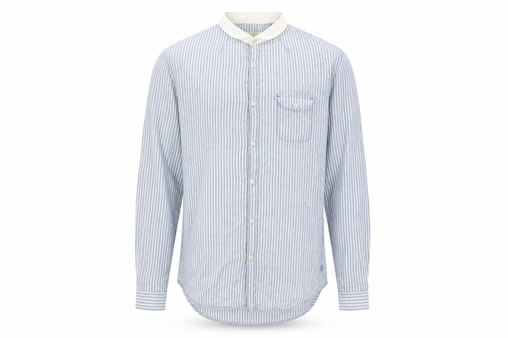 Front view of Label Lab men’s blue striped cotton button-up, size XL, collared button