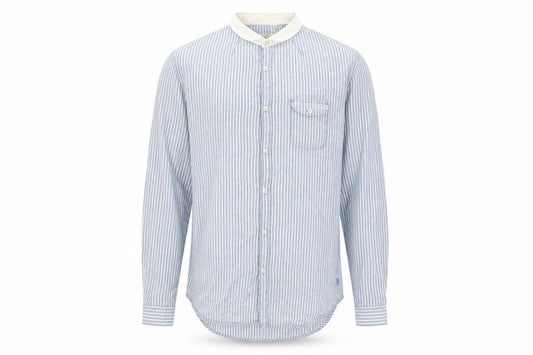 Front view of Label Lab men’s blue striped cotton button-up, size XL, collared button