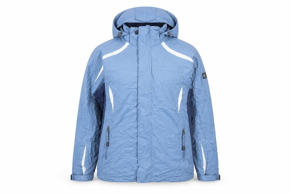 Front view of Backswing women’s blue rain coat coat, size M, zip